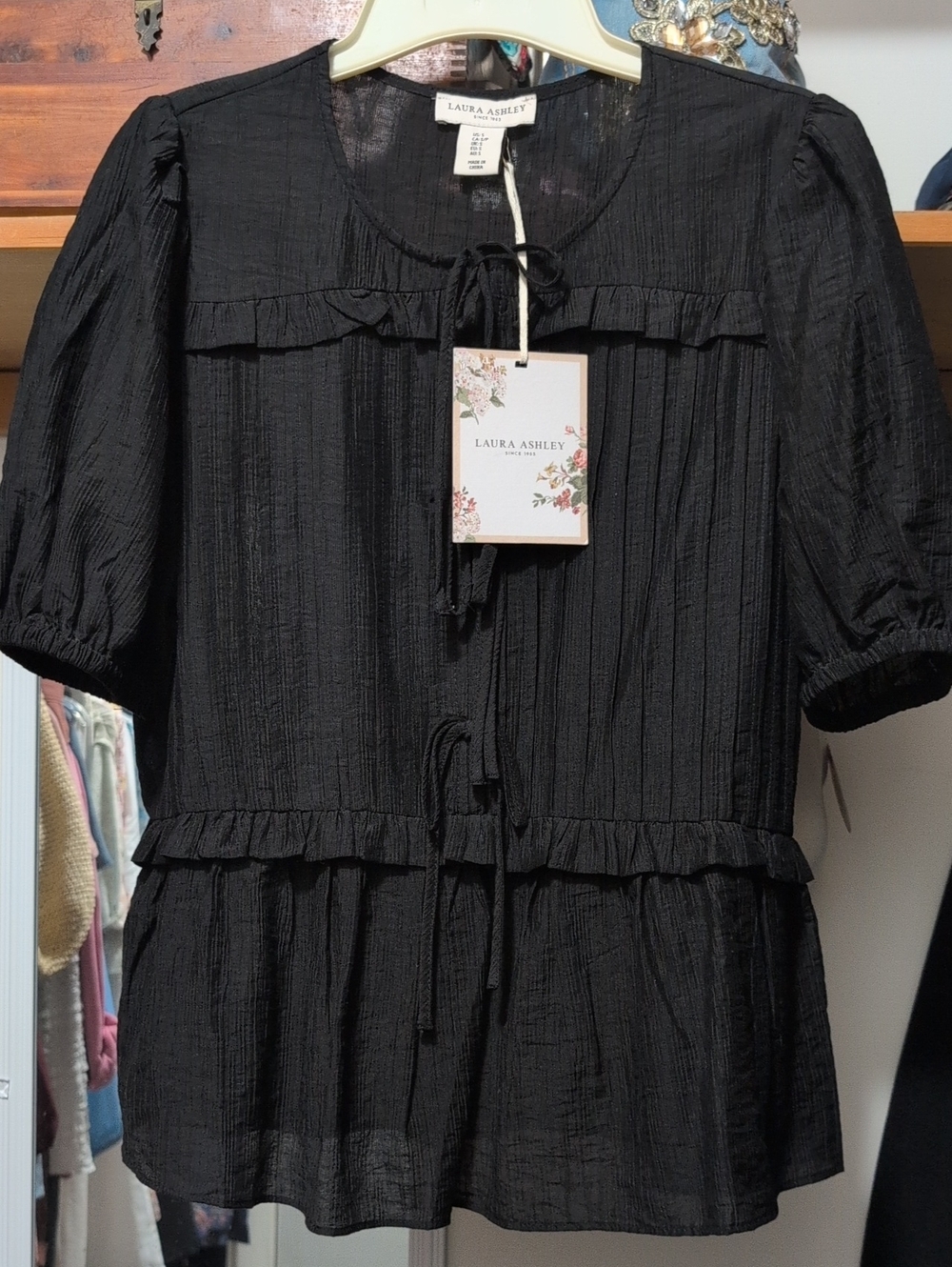 Laura Ashley Black Ruffle-Tiered Peasant Top